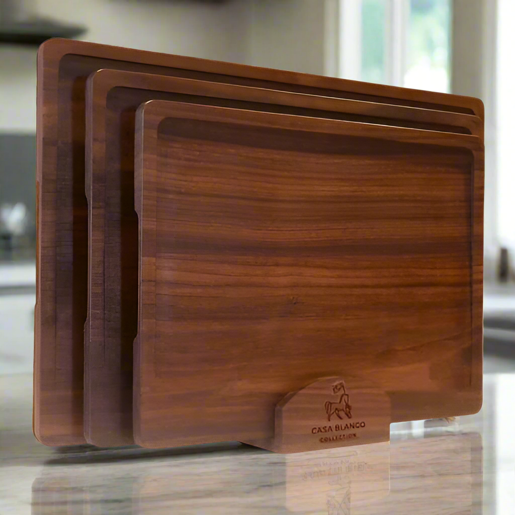 CBC-BWCBS3 - 3 Piece Black Walnut Cutting Board Set With Stand - Casa Blanco Collection -  Wood Chopping Block - Perfect for cutting steak, vegetables, fruit, cheese, bread and food prep - Kitchen must have - Kitchen tool for BBQ 